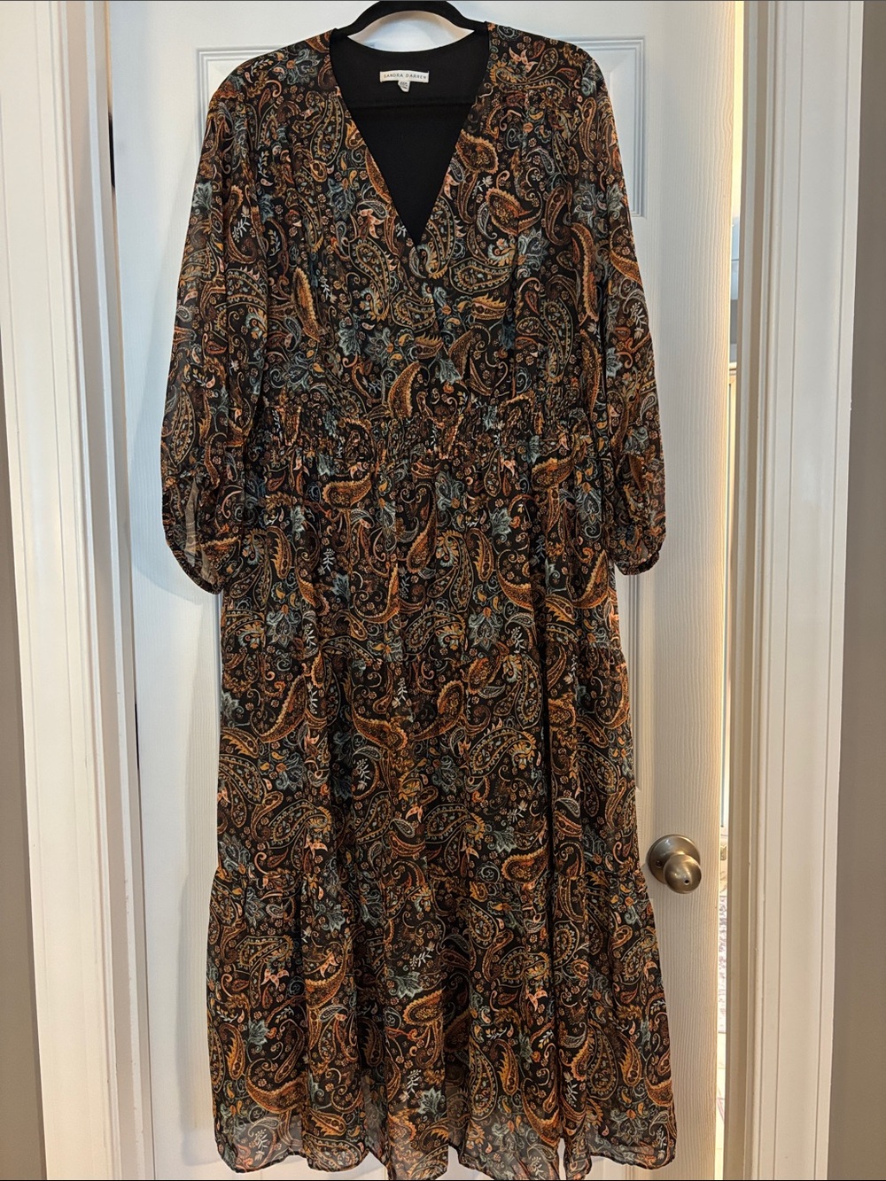 Sandra Darren Paisley Midi Dress in Black and Brown